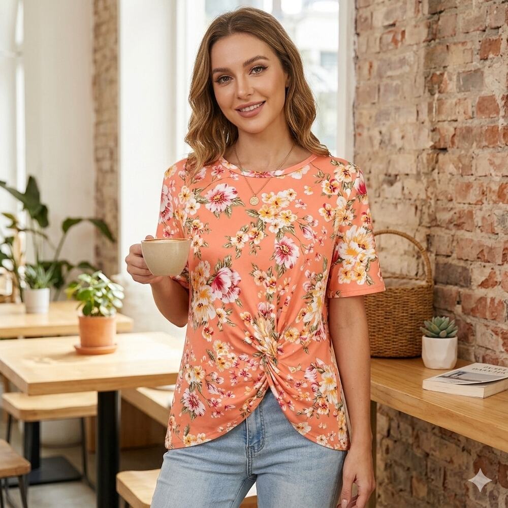 Tiana B Coral Pink Floral Short Sleeve Twist Front Top NWT Size 1X